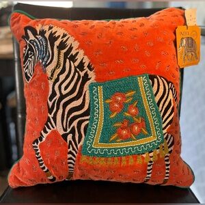 World Traveler Vibrant Orange Zebra Accent Pillow with Ornate Saddle Blanket NWT